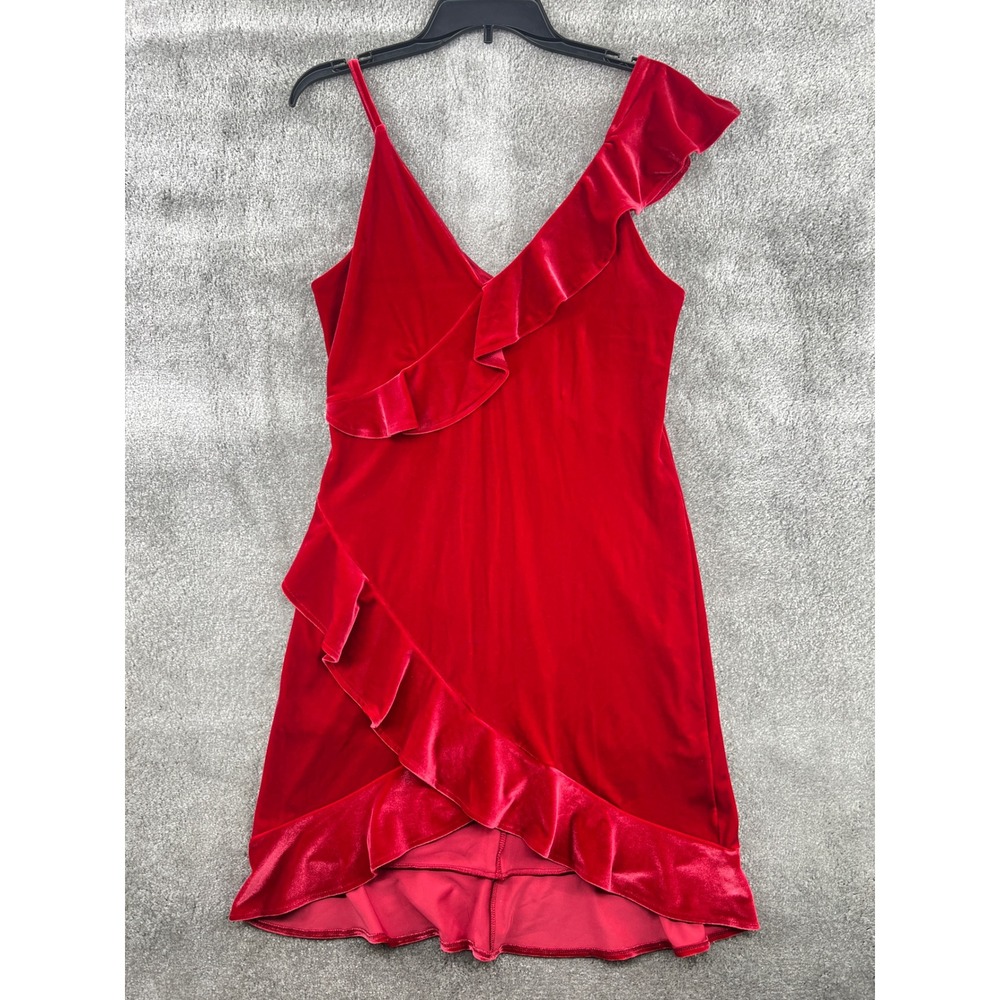 Express Red Velvet Ruffle V-Neck Mini Party Dress Womens S‎ Sleeveless Cocktail